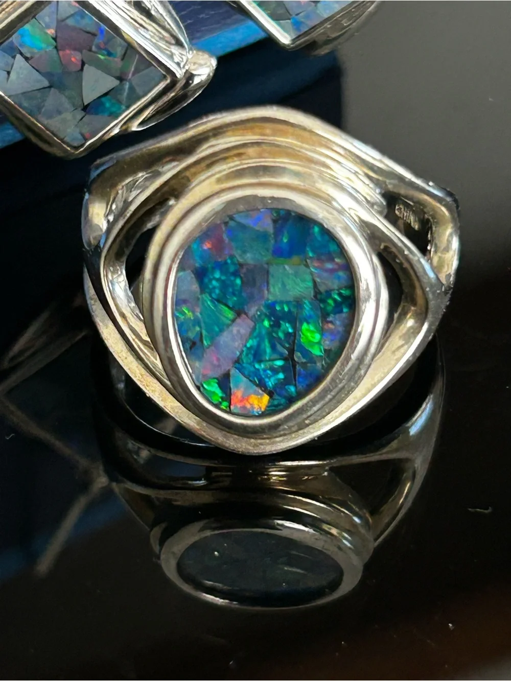 Whitney Kelly Sterling Silver 925 Blue Mosaic Opal Ring Size 8 Earrings Set